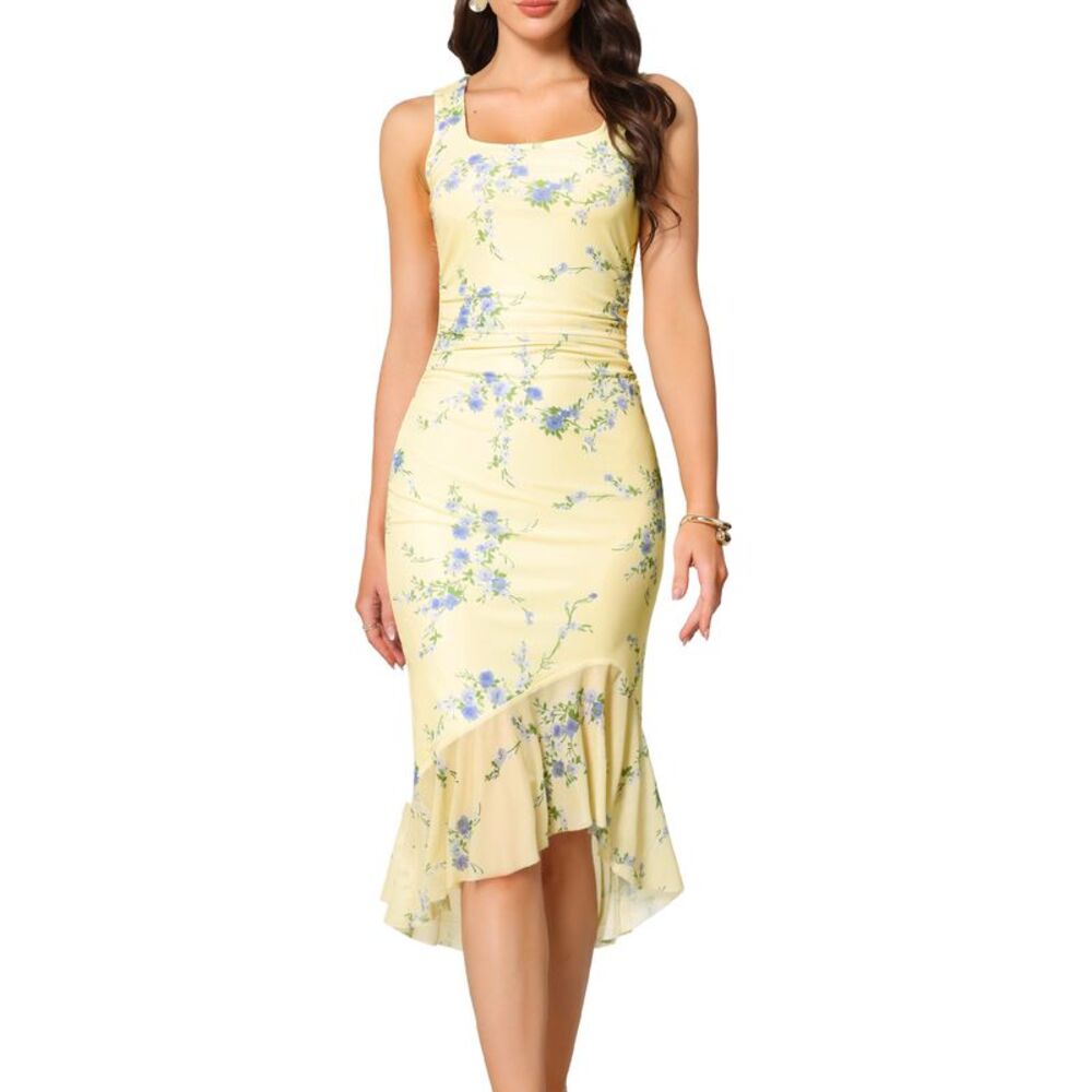 Women's Summer Floral Bodycon Dress Sleeveless Mesh Fishtail Dress Yellow